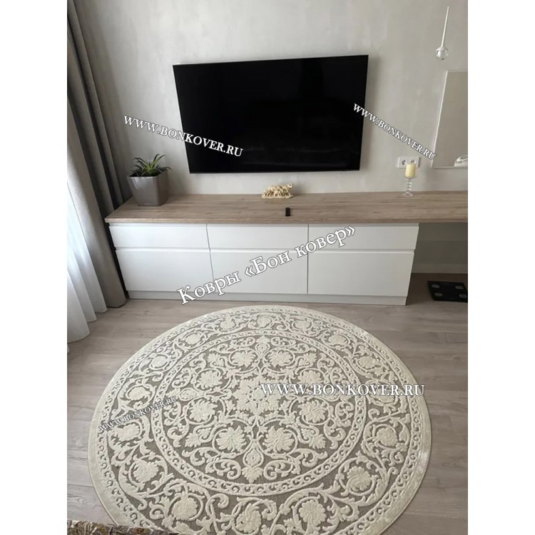 Круглый Белый Шелковистый Ковер  Дизайн 30542